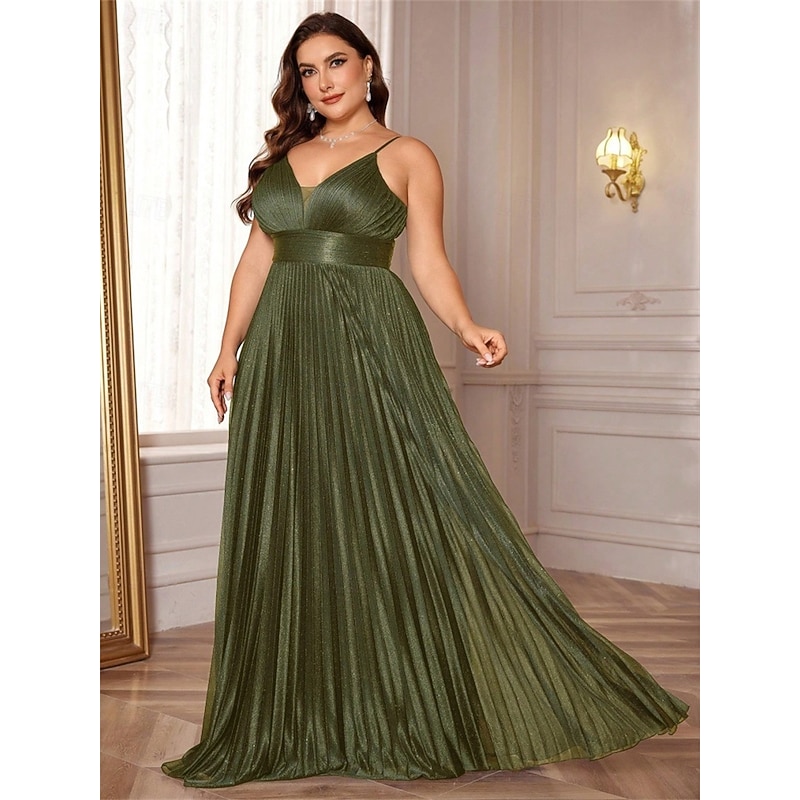 A-Line Plus Size Dresses Elegant Curve Dress Formal Wedding Floor Length Sleeveless V Neck Satin Backless with Pleats
