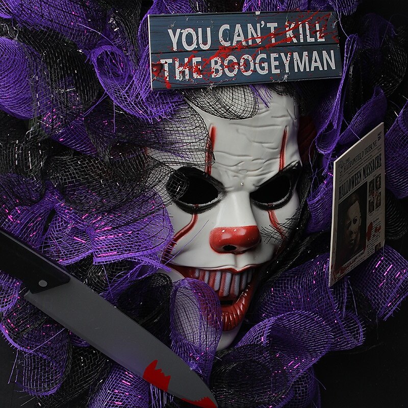 Halloween Wreaths for Front Door Indoor Outdoor Decoration, Clown Mask Wreath Hanging Ornament for Spooky Party and Haunted House Decor4