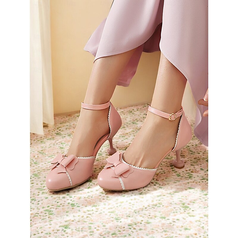 Women's 1950s Black Vintage Kitten Heel Pumps - Faux Leather Bow Ankle Strap Shoes with White Trim for Retro Parties or Afternoon Tea2