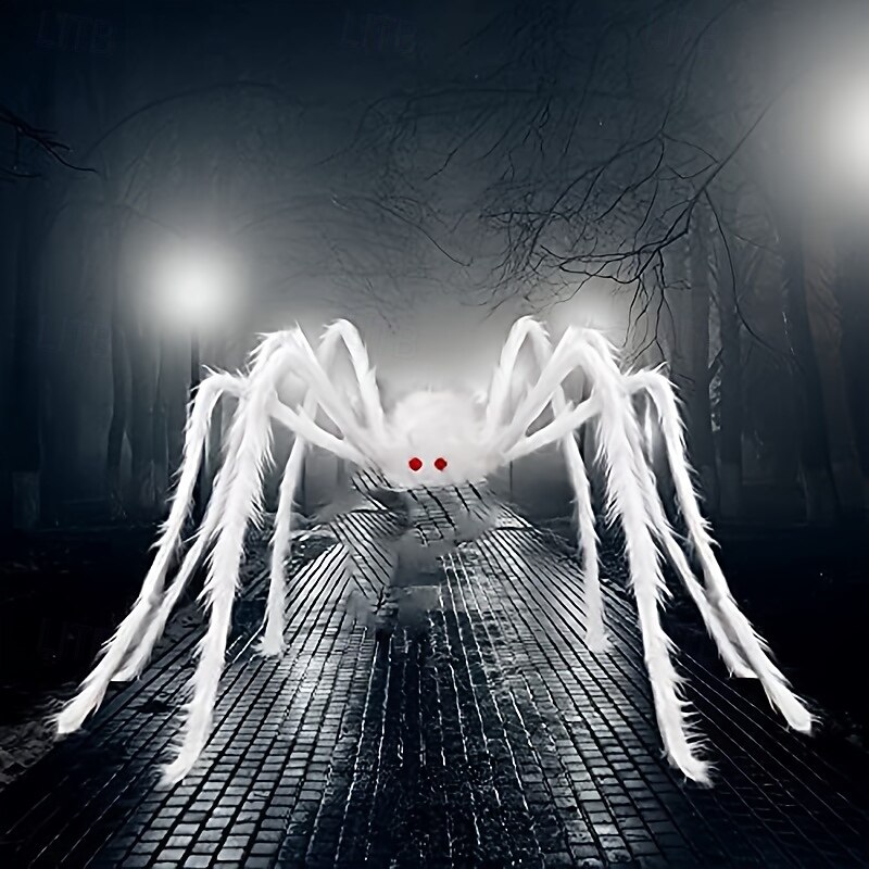 Giant 59-inch White Hairy Spider Realistic Polyester Fiber Halloween Decor Scary Indoor/Outdoor Prop for Christmas Thanksgiving Horror Theme Gift