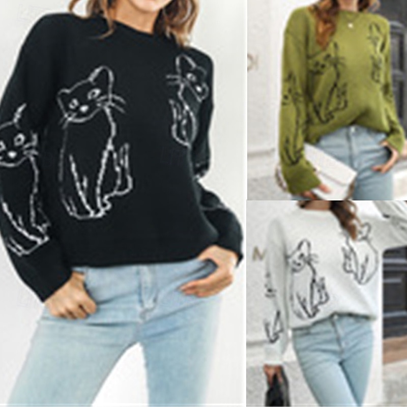 Women's Pullover Casual Animal Chunky Crew Neck Knitted Long Sleeve Regular Tops Knit Daily Holiday Going out Black White Fall Winter