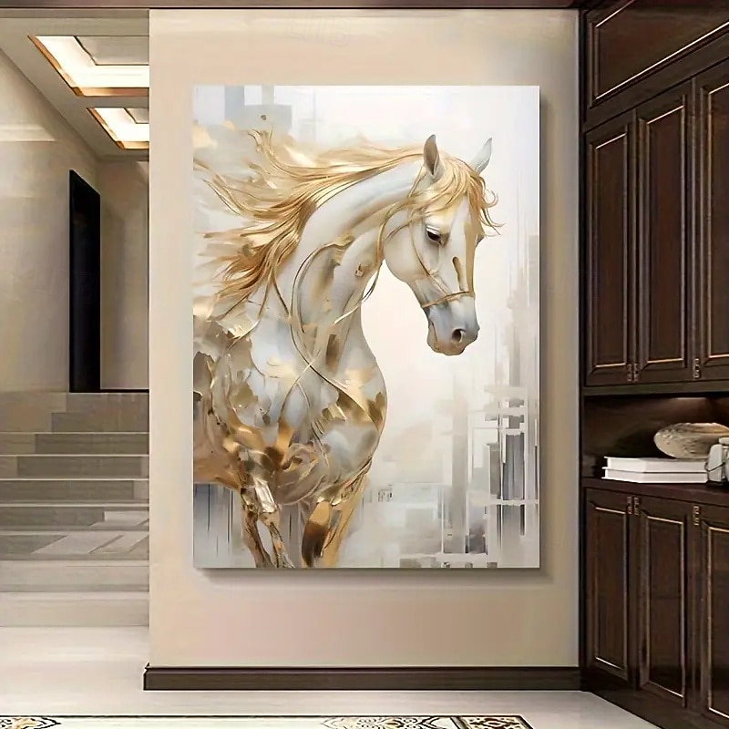1pc Unframed Golden Horse Canvas Wall Art - Modern Vintage Decorative City Background White and Gold Abstract Painting for Living Room or Bedroom Western Style Decor3