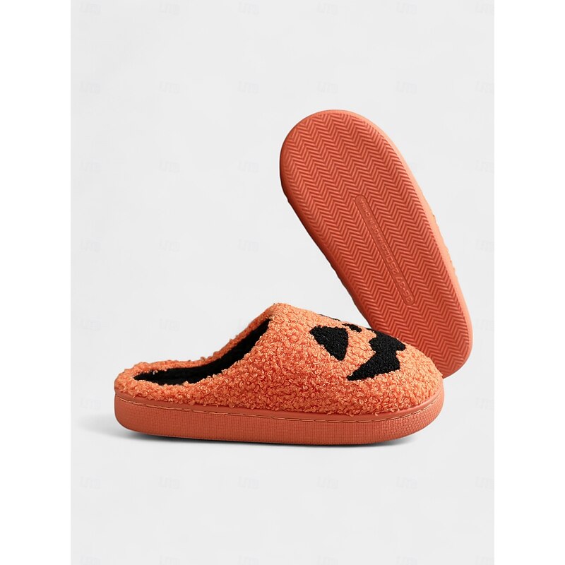 Women's Halloween Pumpkin Face Slippers - Cozy Orange Plush Indoor Shoes with Jack-O'-Lantern Design for Fall Nights,Costume Parties & Gifts4