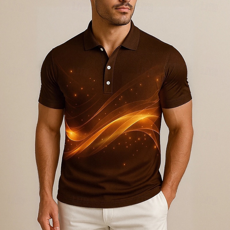 Men's Abstract Geometic Polo Short Sleeve Turndown Casual Daily Sports & Outdoor Athleisure Buttons Summer Robin's Egg Blue Brown2