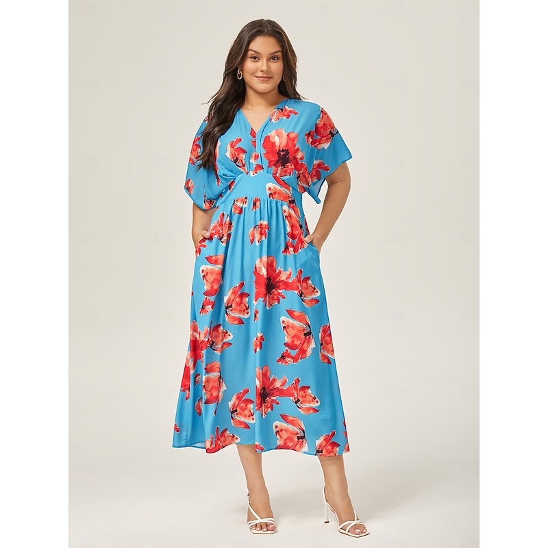 Blue Floral Summer  V Neck Elegant Midi Dress3