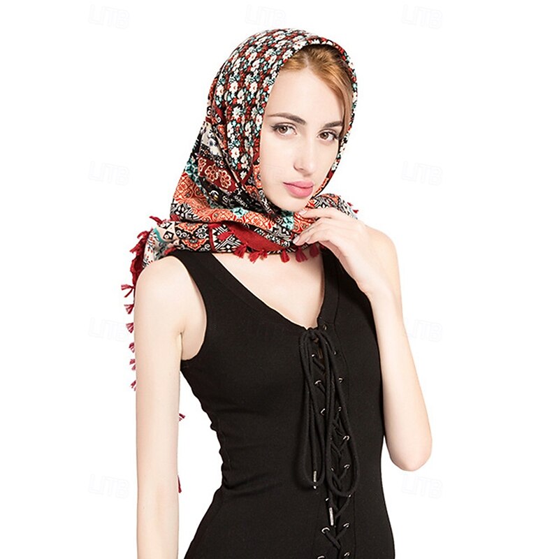 Women's Boho Square Scarf with Tassels – Lightweight Blended Cotton Ethnic Print Shawl for Casual Outfits, Travel and Festivals3