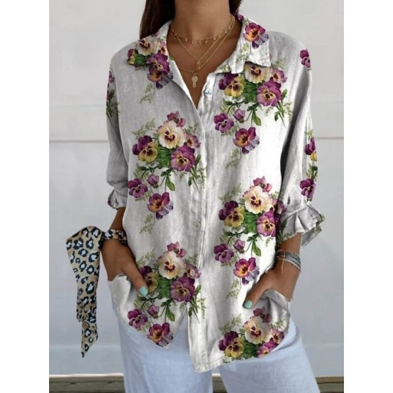Women's Blouse Floral Daily Stylish Long Sleeve Shirt Collar Regular Tops Daily Holiday Buttons Print White Blue Green Summer2