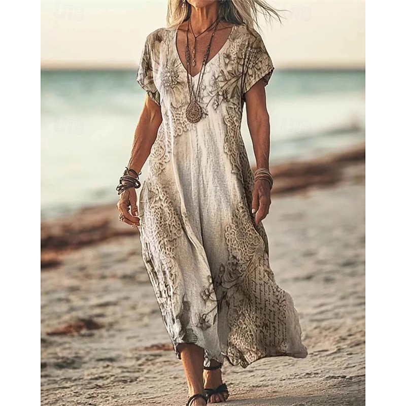 Women's Midi Dress Floral Dress Print Dress Classic Modern Vacation Holiday Weekend Regular Fit Flower Short Sleeve V Neck Yellow Green Khaki Apricot Summer2