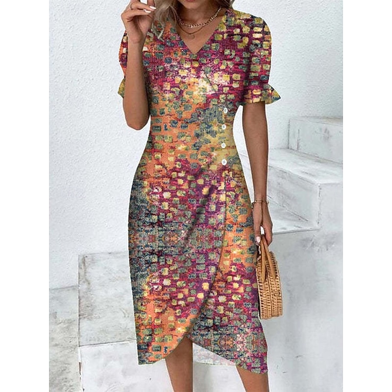 Women's Midi Dress Wrap Dress Elegant Lightweight Puff Sleeve Short Sleeve V Neck Sheath Dress Loose Fit Graphic Geometric Blue Fuchsia Orange Dark Blue2