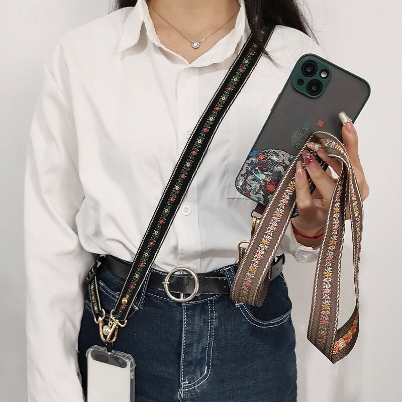 Vintage printed style jacquard embroidery mobile phone lanyard crossbody long style outdoor travel shopping neck hanging sturdy and durable trendy