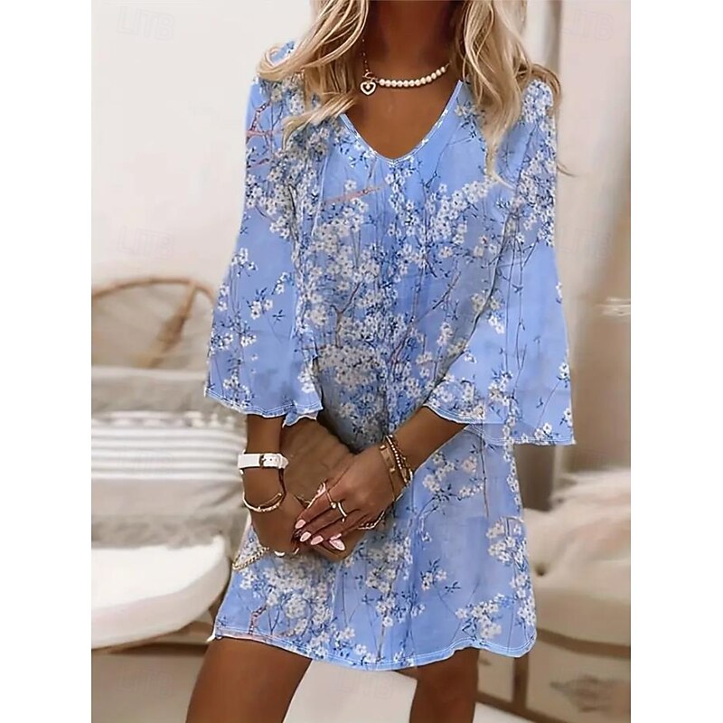 Women's Mini Dress Sundress A Line Dress Boho Party Regular Fit Floral Graphic 3/4 Length Sleeve V Neck Light Pink Light Green Dark Pink Sky Blue Summer Spring2