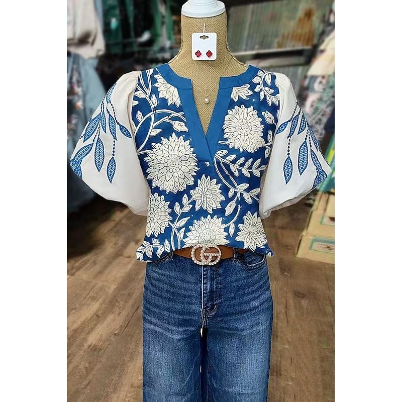 Women's Shirt Summer Tops Casual Beach Half Sleeve V Neck Regular Tops Blue Summer2