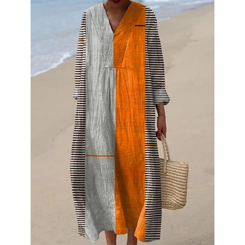 Women's Midi Dress V Neck Long Sleeve Kaftan Lightweight Loose Fit A Line Dress Casual Boho Going out Loose Fit Graphic Geometric Stripe Long Sleeve V Neck Black Orange Green Light Grey