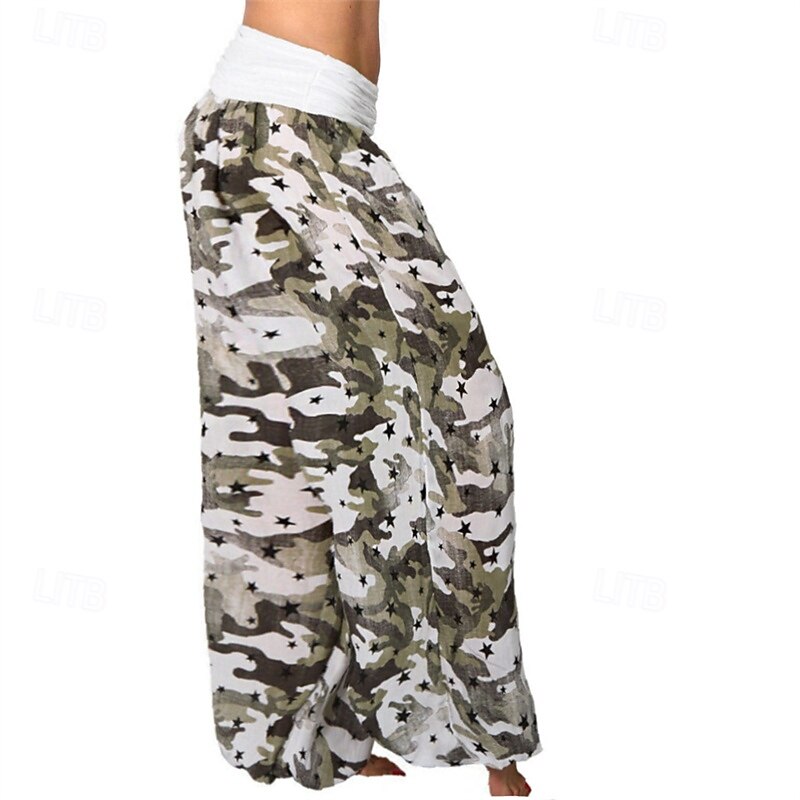 Women's Pants Trousers Palazzo Pants Fashion Boho Full Length Mid Waist Print Camouflage Elastic Waist Comfy Comfortable Micro-elastic Street Daily Wear Going out White Yellow Red Navy Blue Summer2