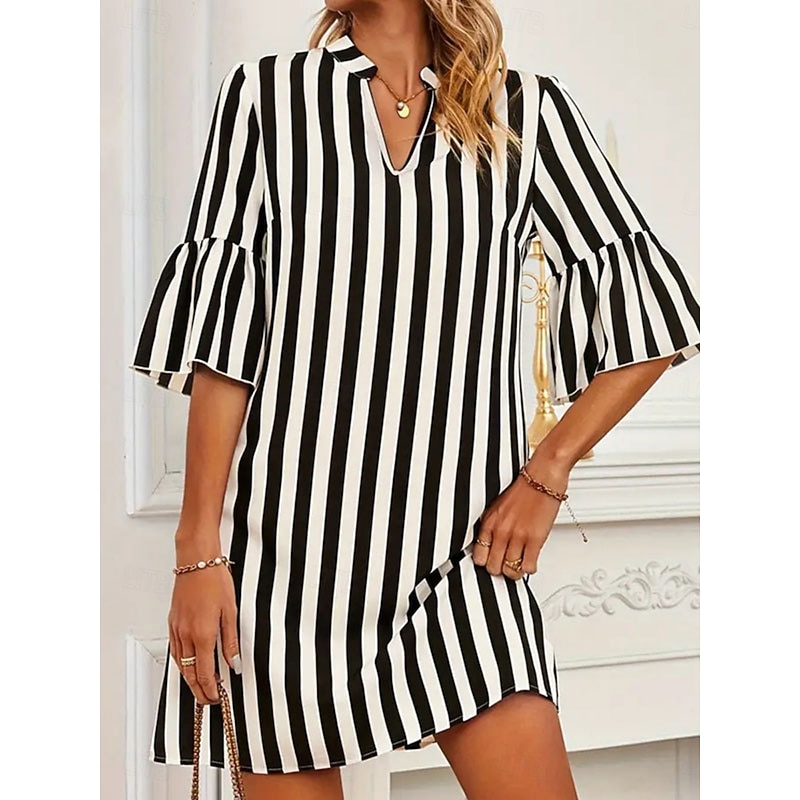 Women's Mini Dress A Line Dress Summer Dress Casual Daily Regular Fit Striped 3/4 Length Sleeve Notched Neck Black Summer4