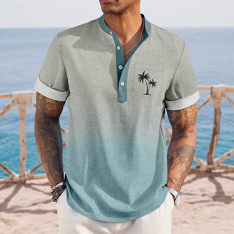 Men's Coconut Tree Gradient Color Hawaiian Shirt Henley Shirt Stand Collar Shirt Short Sleeve Hawaiian Vacation Casual Summer Spring Mandarin Collar Band Collar Buttons Front One Pocket Linen Like3