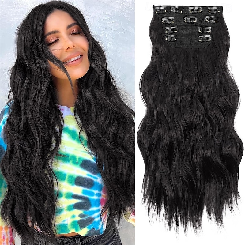 Clip in Hair Extensions 4PCS Long Wavy Synthetic Dark Black Brown Fiber Double Weft Natural Thick Hairpieces 24Inch for Women