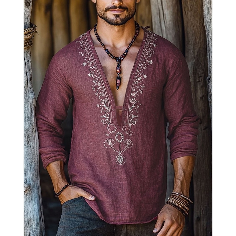 Men's Shirt Summer Shirt Casual Shirt Beach Shirt Black Red Long Sleeve Plain Viking Deep V Vacation Hawaiian Print Clothing Apparel Fashion Casual Comfortable