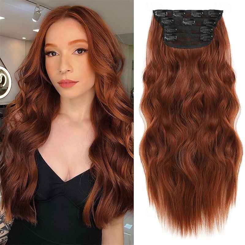 Clip in Curly Hair Extensions 4PCS Long Wavy Synthetic Thick Hairpieces with Fiber Double Weft for Women Hair Full Head