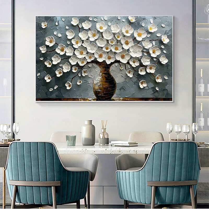 Handmade Original Blooming White Cherry Flowers Oil Painting On Canvas Abstract Floral Wall Art for Home Decor With Stretched Frame Without Inner Frame Painting3