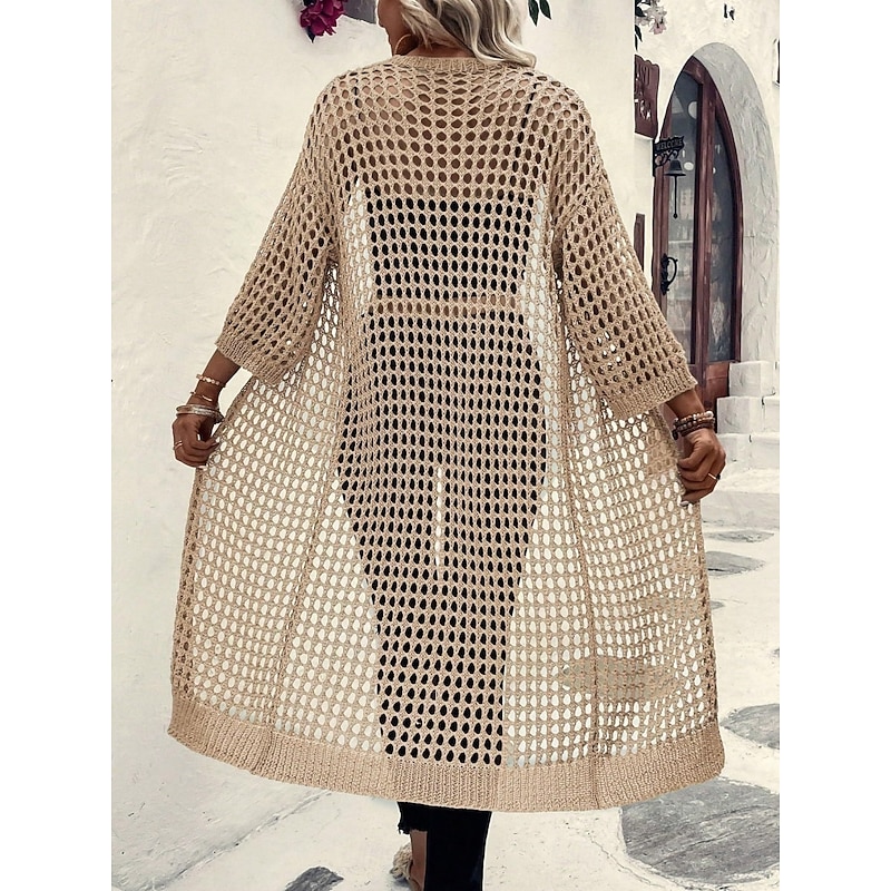 Women's Casual Jacket Breathable Comfortable Cut Out Casual Plain Vacation Street Casual Daily Wear Open Front Long Collarless Regular Fit 3/4 Length Sleeve Outerwear Black Apricot Spring2