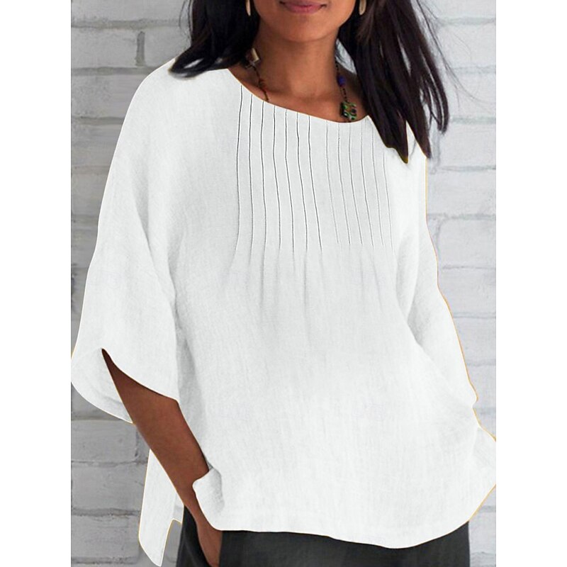 Women's Cotton Linen Shirts Solid Color Casual 3/4 Length Sleeve Boat Neck Regular Tops Daily White Pink Orange Green Summer Spring2