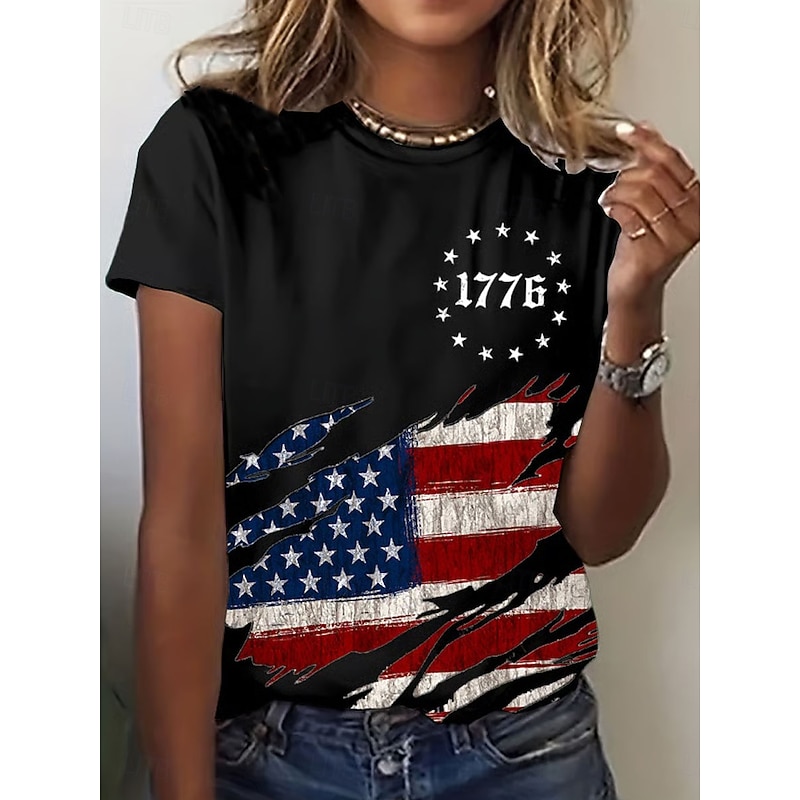 Women's Patriotic  T Shirt Graphic Flag Vintage Stylish Classic Short Sleeve Crew Neck Regular Tops Daily Weekend Print Black White Blue Summer Spring2