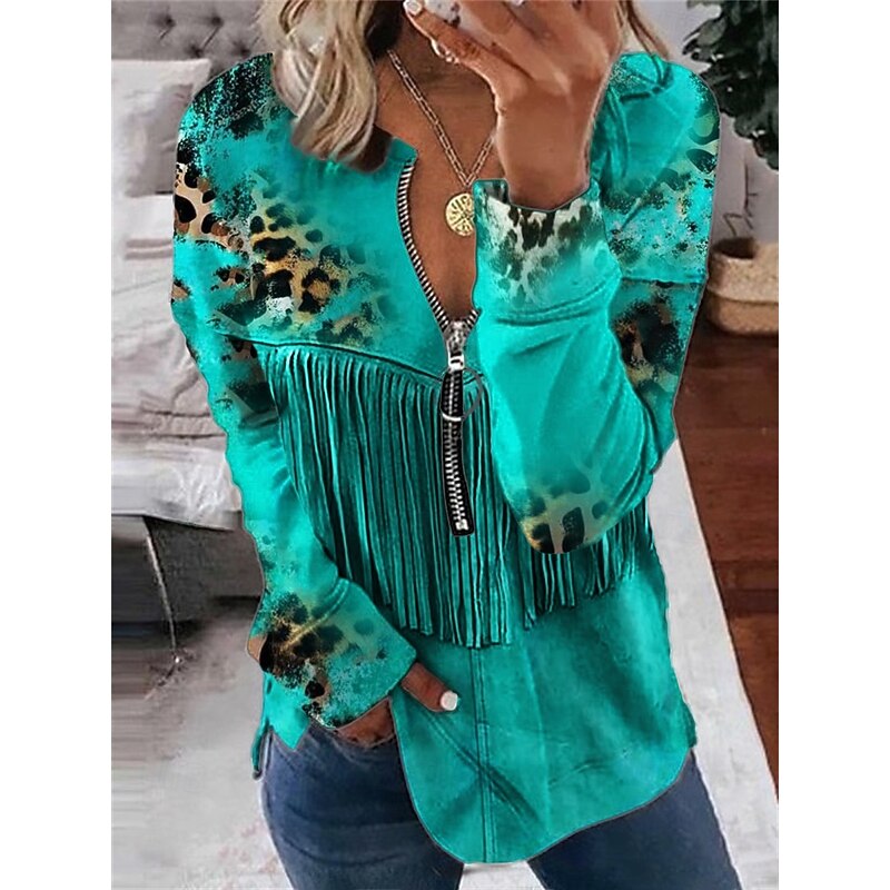Women's Blouse Leopard Daily Stylish Long Sleeve Crew Neck Regular Tops Daily Going out Print Quarter Zip Blue Brown Spring Fall2