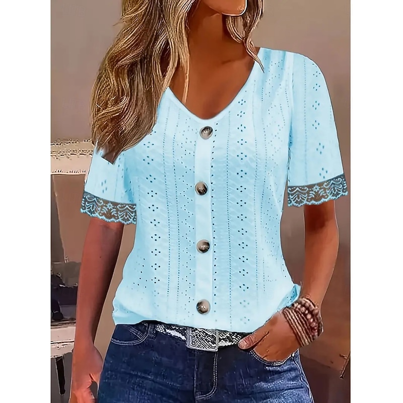 Women's Lace Shirt Solid Color Stylish Casual Beach Short Sleeve V Neck Regular Tops Daily Lace Patchwork Buttons White Sky Blue Summer