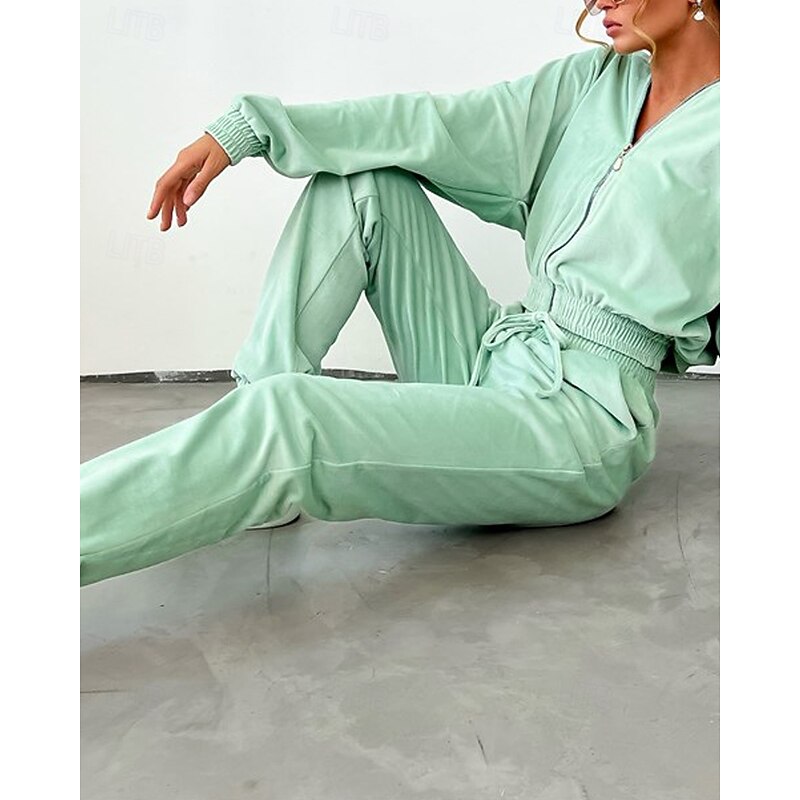 Women's Tracksuit Sweatpants Hooded Jacket Zipper Pocket Solid Colored Clothing Suit Fall Blue Fuchsia Workout Athleisure Running Thermal Warm Windproof Long Sleeve Sport Activewear Stretchy Regular3