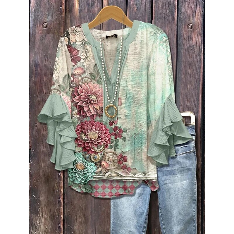 Women's Shirt Floral Stylish Modern 3/4 Length Sleeve V Neck Regular Tops Daily Holiday Ruffle Print Light Green Pink Blue Green Summer2