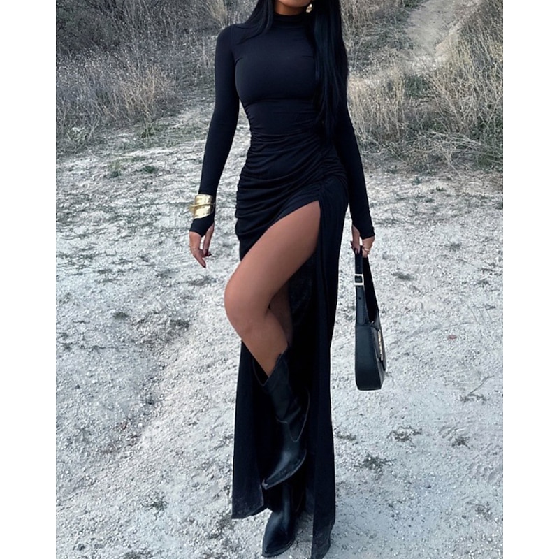 Women's Long Dress Maxi Dress Velvet Dress Cocktail Dress Bodycon Ruched Dress Fashion Classic Vacation Daily Evening Party Regular Fit Plain Long Sleeve Turtleneck Black Fall2