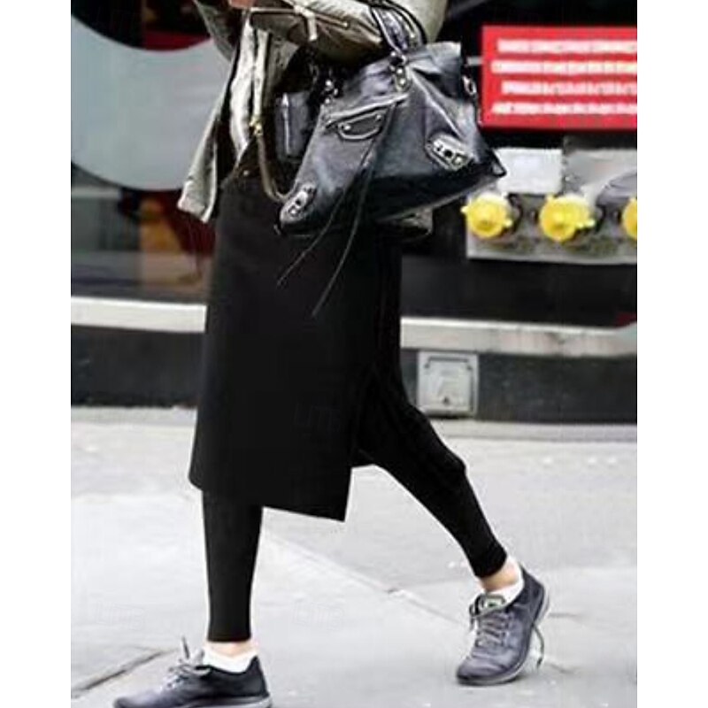 Women's Fleece Pants Leggings Skort Streetwear Casual Full Length Natural Plain Elastic Waist Split Thermal Warm Comfy Outdoor Vacation Going out Black Light Grey Dark Gray Fall Regular Fit3