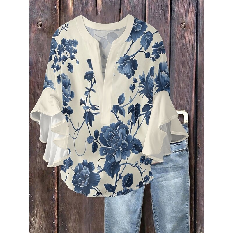 Women's Blouse Floral Stylish Modern 3/4 Length Sleeve V Neck Regular Tops Daily Holiday Ruffle Print Blue Orange Khaki Summer