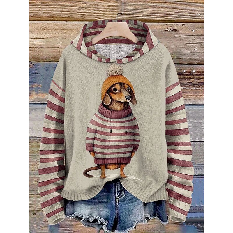 Women's Pullover Hoodie Sweatshirt Dog Striped Casual Long Sleeve Hooded Regular Tops Street Dailywear Black Red Blue Orange Green Fall Winter3