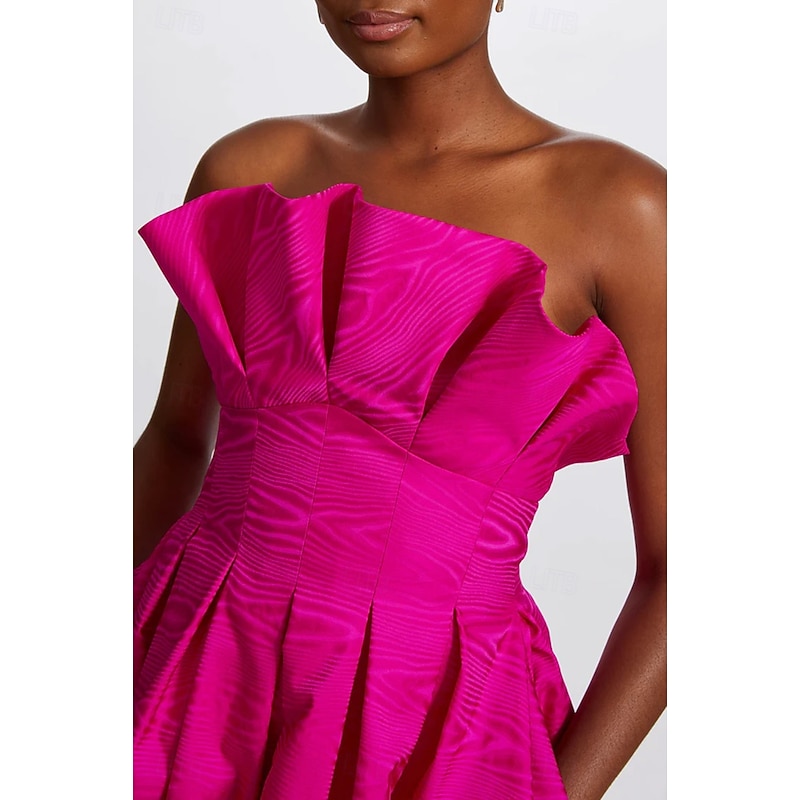 Moire A-Line Cocktail Dresses Elegant Dress Formal Semi Formal Wedding Tea Length Midi Length Sleeveless Strapless Satin Ruffles with Pockets2