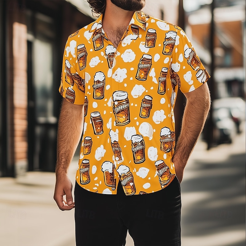 Men's Oktoberfest Beer Shirt Summer Shirt Button Up Shirt Short Sleeve Fashion Casual Outdoor Holiday Summer Spring Turndown 3D Print Collared Shirts Orange Khaki