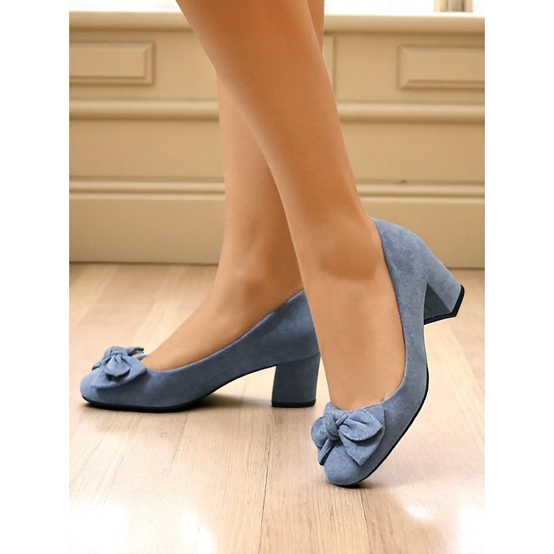 Women's Heels Retro Party Work Daily Bowknot Chunky Heel Square Toe Elegant Vintage Faux Suede Loafer Black Pink Blue - Main Image