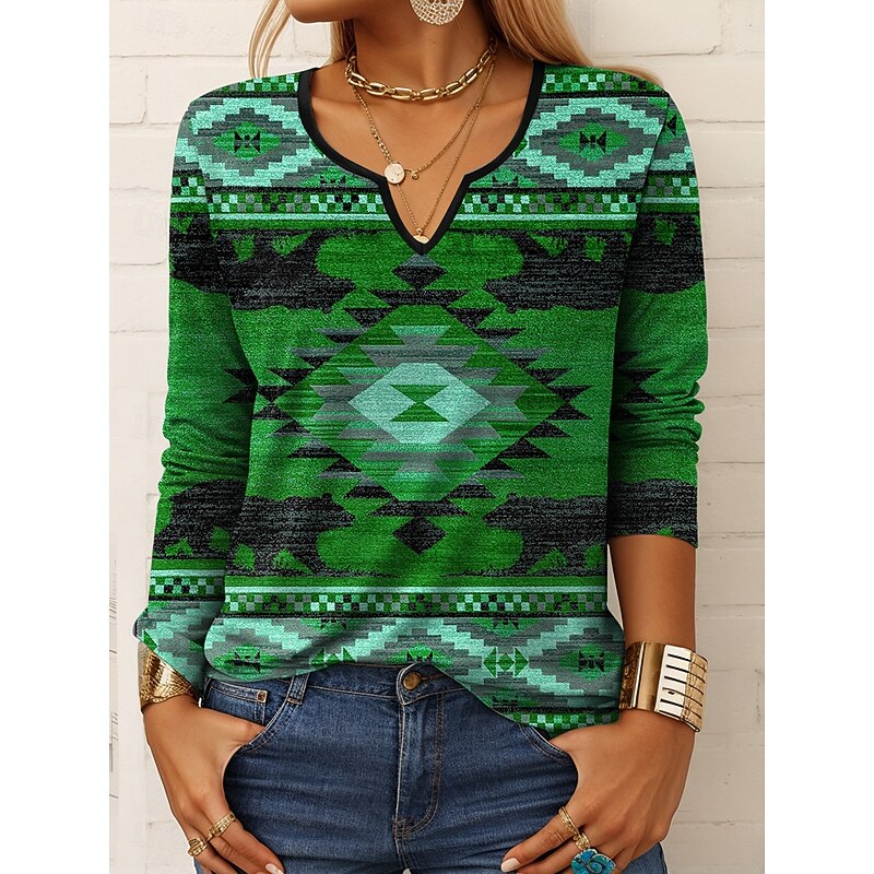 Women's T shirt Long Sleeve Graphic Geometric Vintage Stylish Classic Long Sleeve Notched Neck Regular Tops Daily Weekend Print Red Blue Purple Green Spring Fall Prefall3