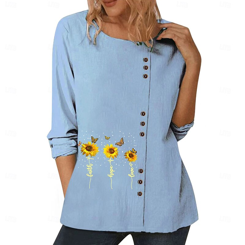 Women's Blouse Floral Graphic Plants Elegant Vintage Fashion Long Sleeve Crew Neck Regular Tops Daily Going out Weekend White Blue Dark Blue Fall4