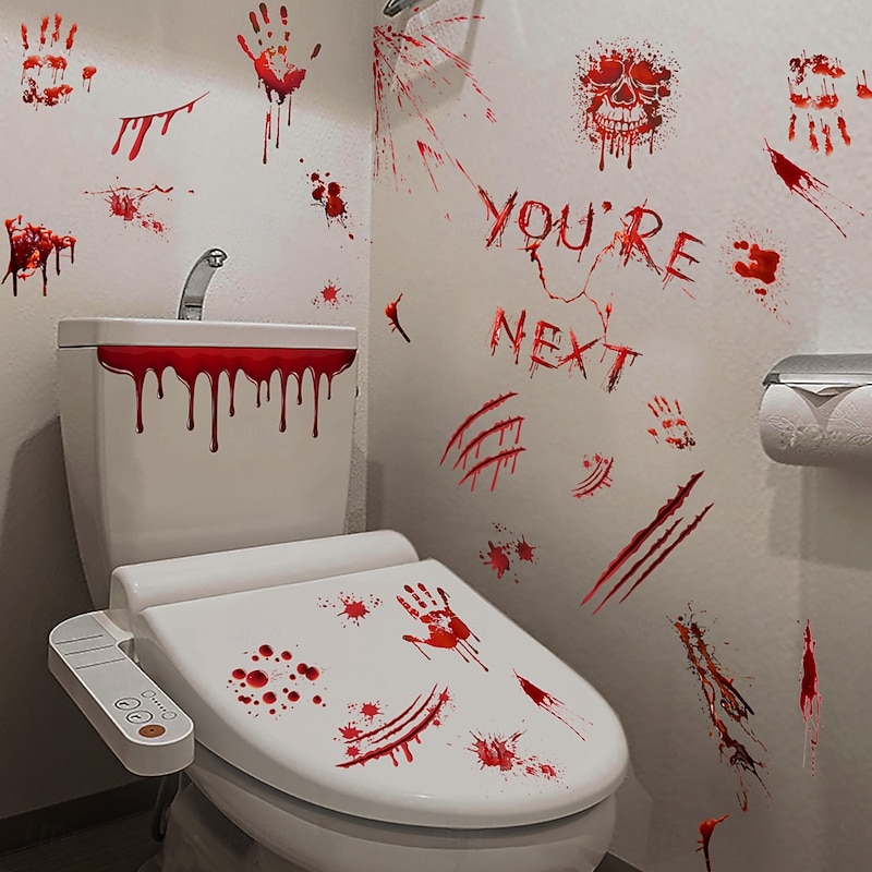 Halloween Toilet Decal Sticker Set Blood Hand and Footprints, Bloody Wall Decoration for Bathroom and Living Room Background3