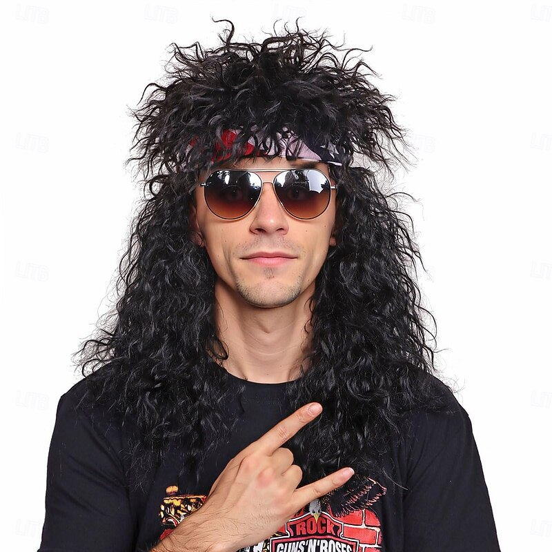 80s Wig For Men Long Curly Black Rocker Cosplay Wig For Halloween(Only Wigs)2