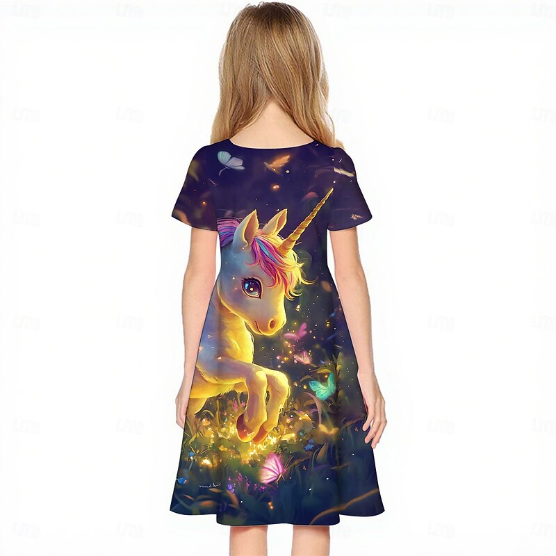 Girls' 3D Unicorn Dress Short Sleeve Summer Spring Vacation Daily Holiday Princess Beautiful Sweet Kids 4-12 Years Casual Dress Knee-length Regular Fit2