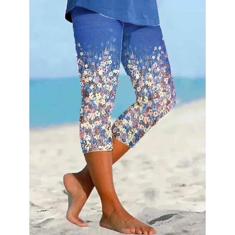 Women's Leggings Vacation Vintage Ethnic Style Calf-Length High Waist Floral Graphic Gradient Soft Comfortable Breathable Stretchy Vacation Street Causal Cobalt Blue Fuchsia Green Summer Spring Fall4