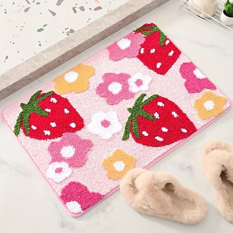 Bathroom Rugs Cute Strawberry Bath Mat Colorful Bathroom Accessories, Funny Flower Rug Non Slip Floor Mat, Machine Washable Bath Rug Soft Microfiber Carpet for Shower, Tub4