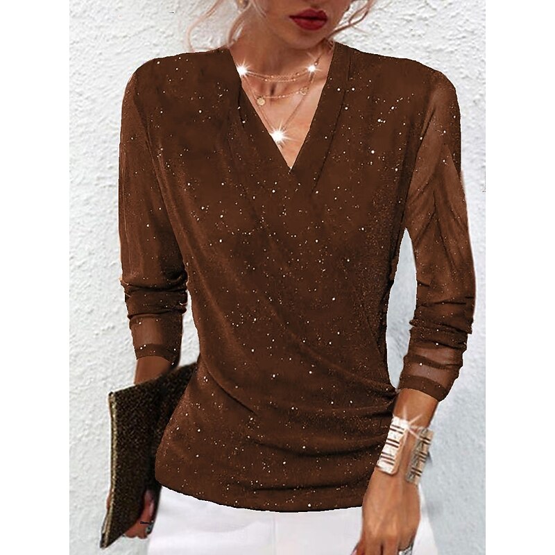Women's Blouse Solid Color Stylish Casual Long Sleeve V Neck Regular Tops Daily Mesh Patchwork Black Red Camel Purple Brown Summer Spring3