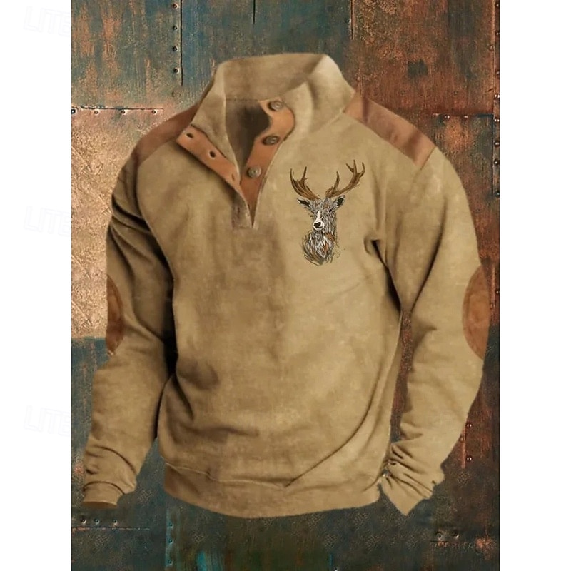 Men's Sweatshirt Black Navy Blue Brown Khaki Standing Collar Graphic Reindeer Print Daily Holiday Going out Polyester Vintage Streetwear Casual Fall Winter Clothing Apparel Hoodies Sweatshirts  Long