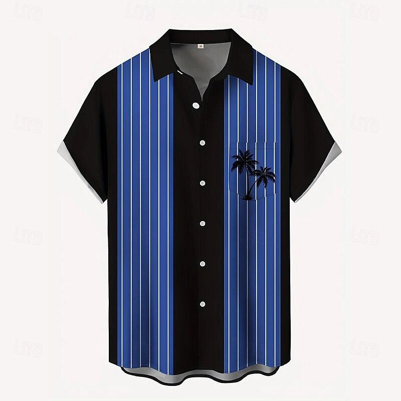 Men's Coconut Tree Striped Shirt Summer Hawaiian Shirt Button Up Shirt Short Sleeve Hawaiian Holiday Beach Wear Summer Spring Turndown 3D Print Collared Shirts Front One Pocket Yellow Blue Dark Blue3