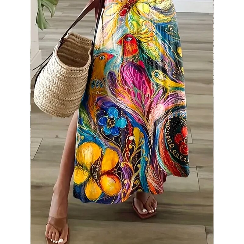 Women's Maxi Dress Casual Dress Sundress A Line Dress Elegant Vacation Casual Beach Regular Fit Floral Graphic Abstract Short Sleeve V Neck Colourful Blue Purple Summer Spring3