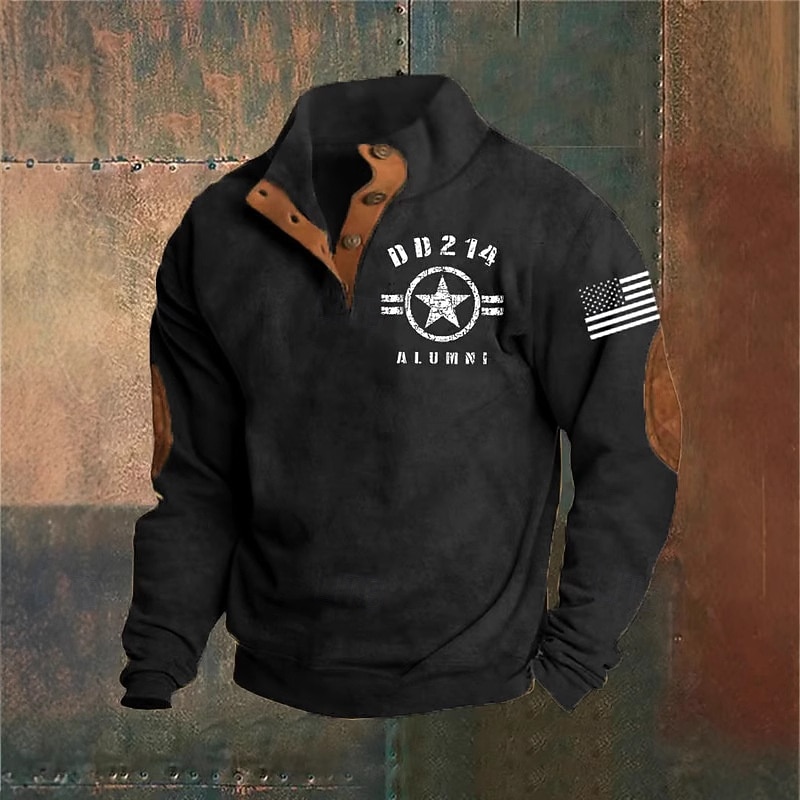 Men's Sweatshirt Black Army Green Navy Blue Brown Dark Gray Standing Collar Graphic Print Patchwork Daily Holiday Going out Polyester Streetwear Casual Fall Winter Clothing Apparel Hoodies